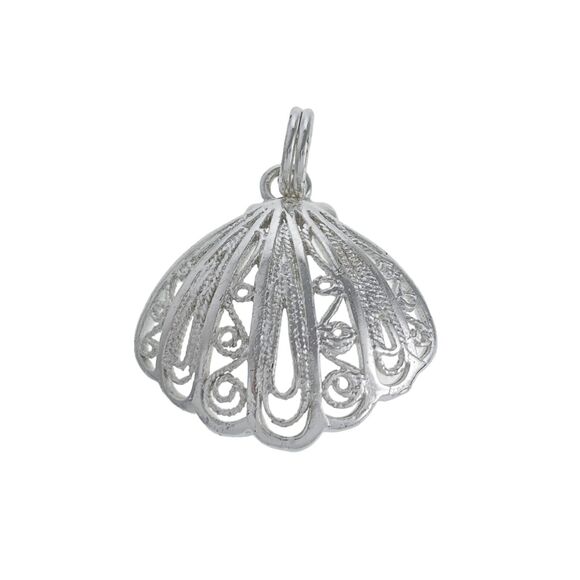 Sterling Silver 925 Wire Filigree Scallop Sea Shell Charm Pendant - Picture 1 of 4